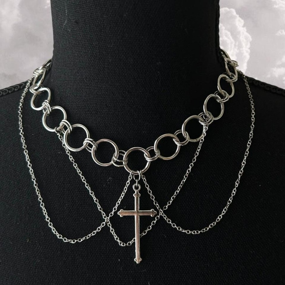 Handmade Gothic Cross chainmail choker necklace